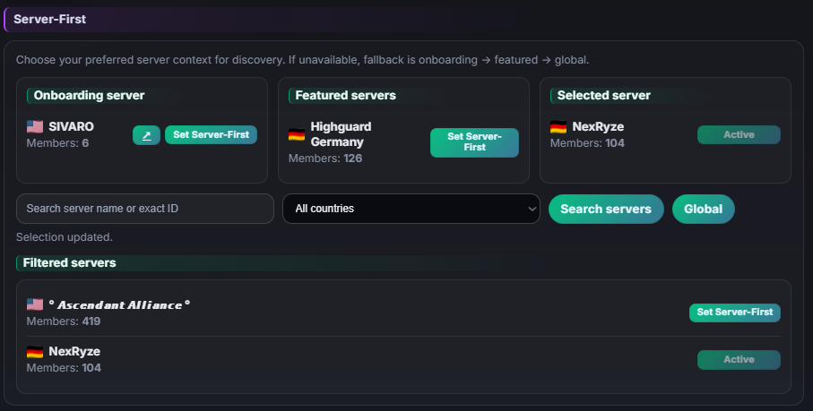 Server network search in settings